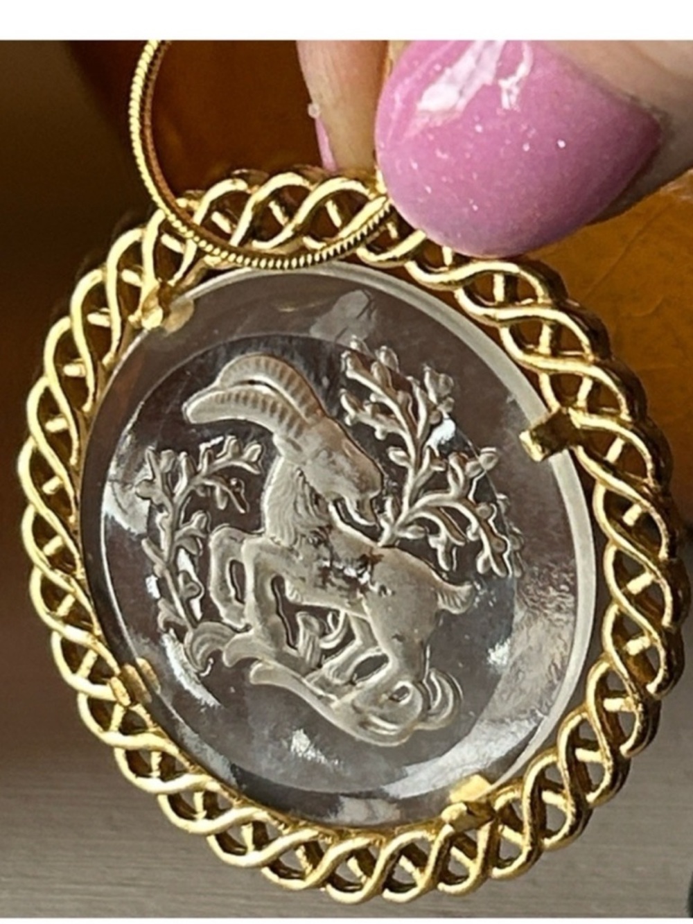 Vintage CAPRICORN Zodiac Intaglio Pendant Necklace